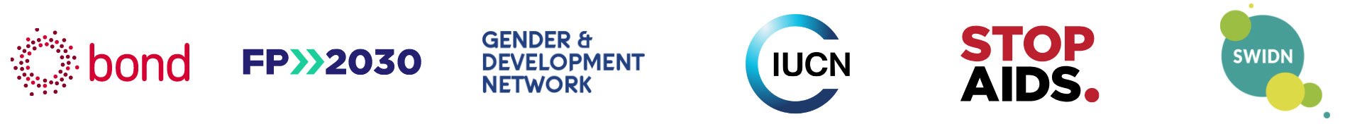Membership logos: Bond, FP2023, Gender & Development Network, IUCN logo, StopAids, SWIDN logo